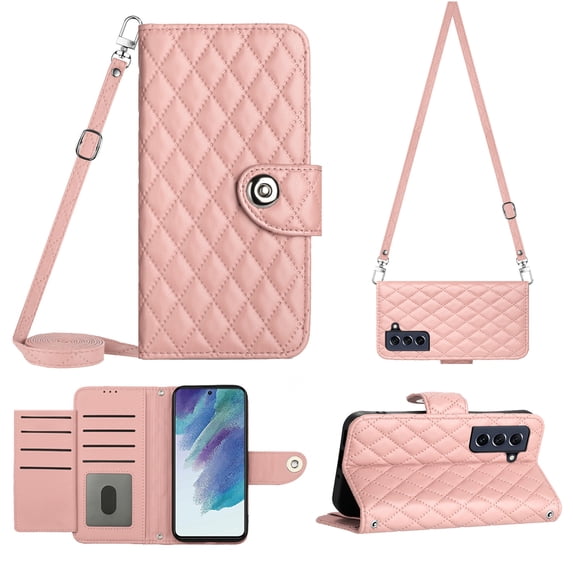 Crossbody Wallet Case for Samsung S21 FE RFID Blocking Elegant Premium Leather Purse with Credit Card Holder, Shoulder Strap Kickstand Handbag Flip Cover for Samsung Galaxy S21 FE, Coralpink