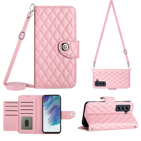 Crossbody Wallet Case for Samsung S21 FE RFID Blocking Elegant Premium Leather Purse with Credit Card Holder, Shoulder Strap Kickstand Handbag Flip Cover for Samsung Galaxy S21 FE, Pink