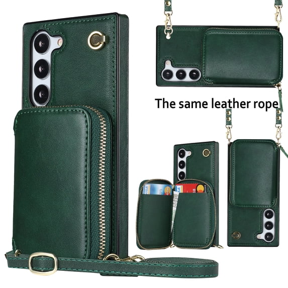 Crossbody Wallet Case for Samsung S22, RFID Blocking PU Leather Zipper Handbag Purse Flip Cover, Kickstand Case with Card Slots Holder Wrist Strap Lanyard for Samsung Galaxy S22, Darkgreen