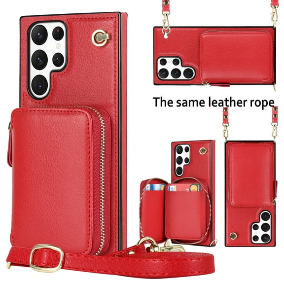 Crossbody Wallet Case for Samsung S22 Ultra, RFID Blocking PU Leather Zipper Handbag Purse Flip Cover, Kickstand Case with Card Slots Holder Wrist Strap Lanyard for Samsung Galaxy S22 Ultra, Red