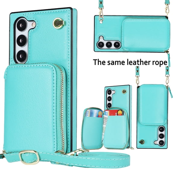 Crossbody Wallet Case for Samsung S23, RFID Blocking PU Leather Zipper Handbag Purse Flip Cover, Kickstand Case with Card Slots Holder Wrist Strap Lanyard for Samsung Galaxy S23, Mint