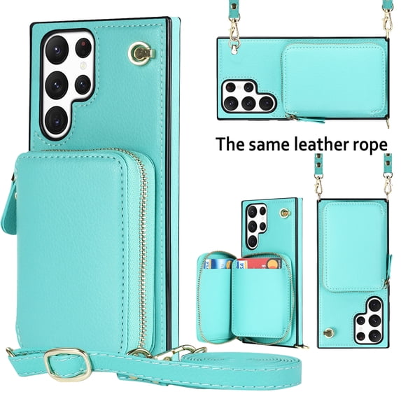 Crossbody Wallet Case for Samsung S23 Ultra, RFID Blocking PU Leather Zipper Handbag Purse Flip Cover, Kickstand Case with Card Slots Holder Wrist Strap Lanyard for Samsung Galaxy S23 Ultra, Mint