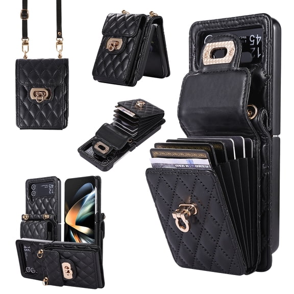 Crossbody Wallet Case for Samsung Z Flip 4, [6 Card Slots] Leather Purse Phone Case Luxury Buckle Closure Card Holder Shoulder Strap Handbag Case Women for Samsung Galaxy Z Flip 4, Black