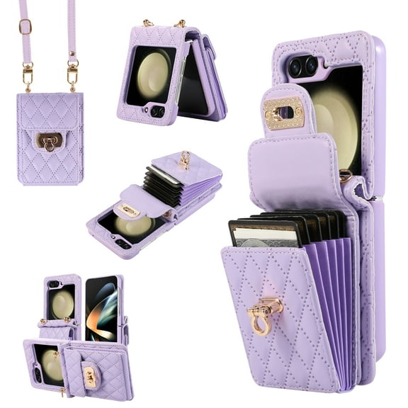Crossbody Wallet Case for Samsung Z Flip 5, [6 Card Slots] Leather Purse Phone Case Luxury Buckle Closure Card Holder Shoulder Strap Handbag Case Women for Samsung Galaxy Z Flip 5, Purple