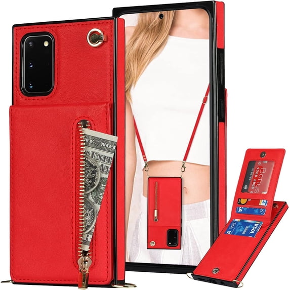 Crossbody Wallet Case for Samsung Galaxy Note 20 with Card Holder, Purse Cover Removable Cross Body Strap for Galaxy Note 20 Zipper Phone Case Red