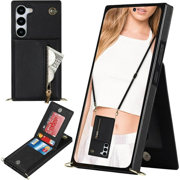 Crossbody Wallet Case for Samsung Galaxy S23, PU Leather Zipper Handbag Purse Flip Cover with Kickstand Case for Samsung Galaxy S23 ZP Black