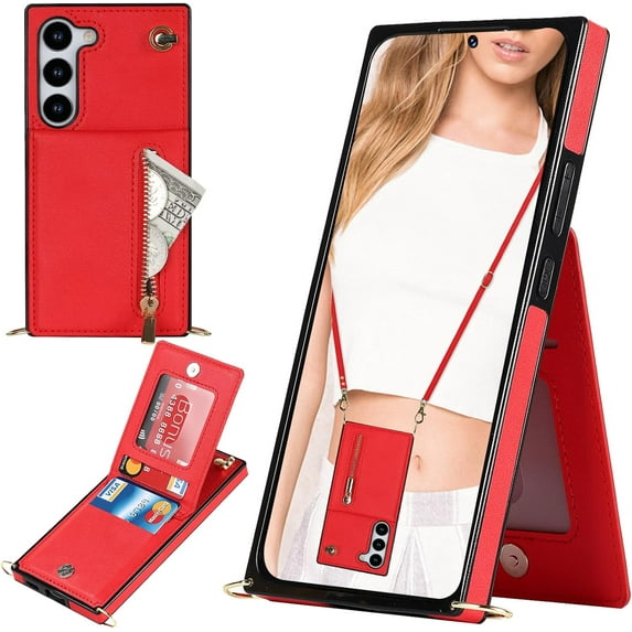Crossbody Wallet Case for Samsung Galaxy S23, PU Leather Zipper Handbag Purse Flip Cover with Kickstand Case for Samsung Galaxy S23 ZP Red
