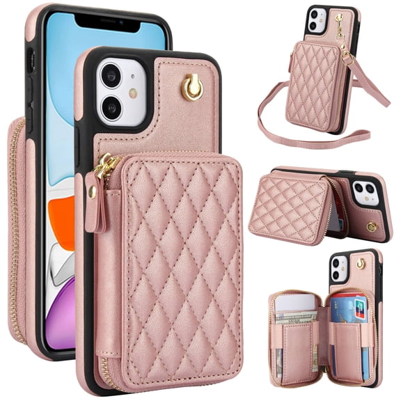 Crossbody Wallet Case for iPhone 11, RFID Blocking Zipper Handbag Purse Flip Cover, Kickstand Folio Case Card Slots Holder Wrist Strap Lanyard
