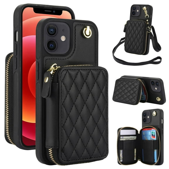 Crossbody Wallet Case for iPhone 12 12 Pro, RFID Blocking Zipper Handbag Purse Flip Cover, Kickstand Folio Case Card Slots Holder Wrist Strap Lanyard