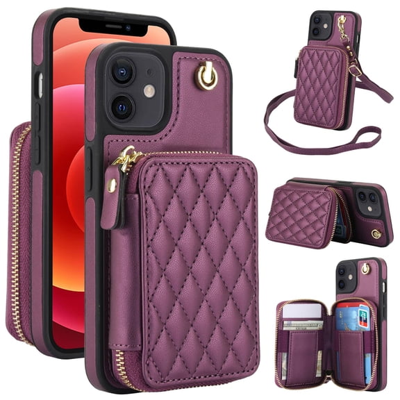 Crossbody Wallet Case for iPhone 12 12 Pro, RFID Blocking Zipper Handbag Purse Flip Cover, Kickstand Folio Case Card Slots Holder Wrist Strap Lanyard