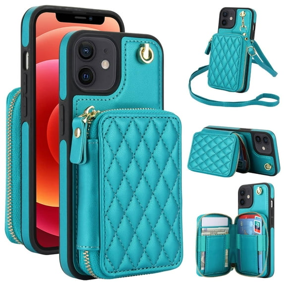 Crossbody Wallet Case for iPhone 12 12 Pro, RFID Blocking Zipper Handbag Purse Flip Cover, Kickstand Folio Case Card Slots Holder Wrist Strap Lanyard