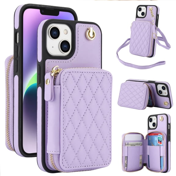 Crossbody Wallet Case for iPhone 13, RFID Blocking Zipper Handbag Purse Flip Cover, Kickstand Folio Case Card Slots Holder Wrist Strap Lanyard
