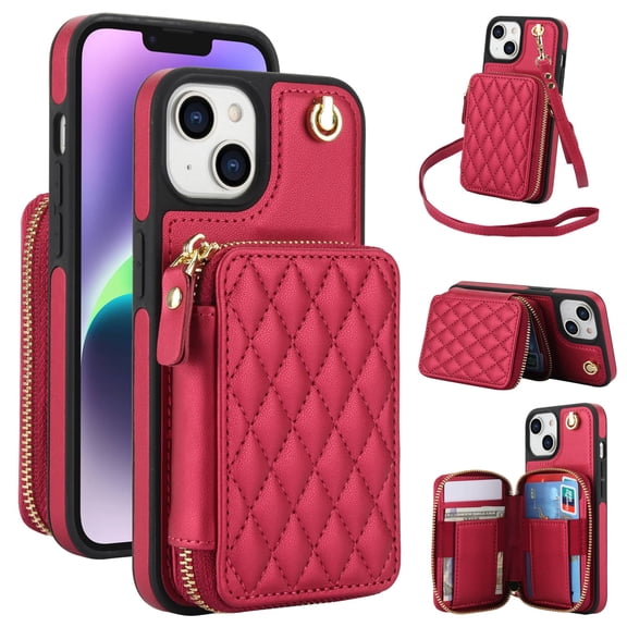 Crossbody Wallet Case for iPhone 13, RFID Blocking Zipper Handbag Purse Flip Cover, Kickstand Folio Case Card Slots Holder Wrist Strap Lanyard