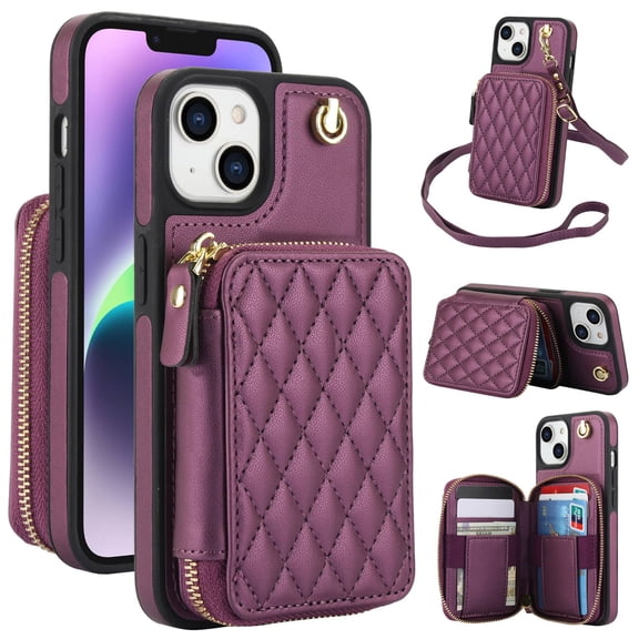Crossbody Wallet Case for iPhone 14 Plus, RFID Blocking Zipper Handbag Purse Flip Cover, Kickstand Folio Case Card Slots Holder Wrist Strap Lanyard