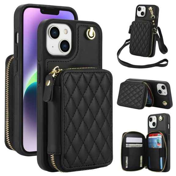 Crossbody Wallet Case for iPhone 14 Plus, RFID Blocking Zipper Handbag Purse Flip Cover, Kickstand Folio Case Card Slots Holder Wrist Strap Lanyard