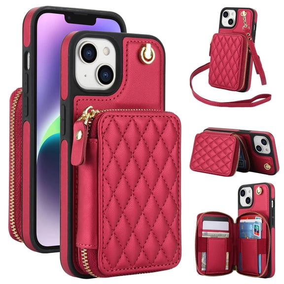 Crossbody Wallet Case for iPhone 14 Plus, RFID Blocking Zipper Handbag Purse Flip Cover, Kickstand Folio Case Card Slots Holder Wrist Strap Lanyard
