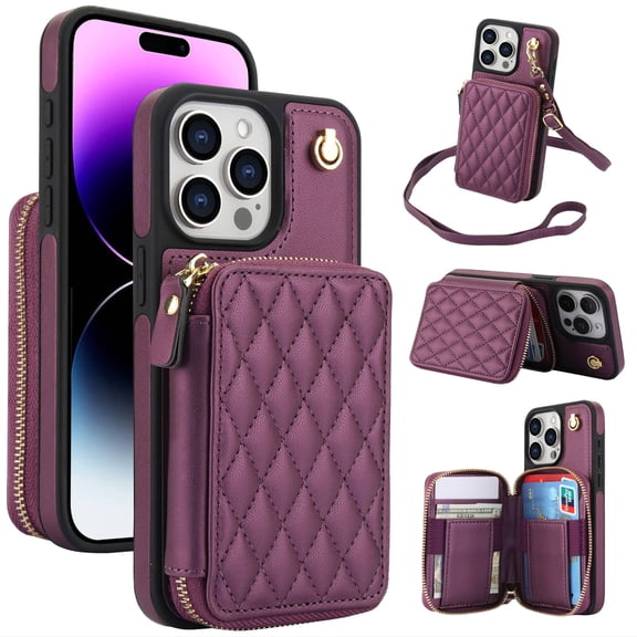 Crossbody Wallet Case for iPhone 14 Pro, RFID Blocking Zipper Handbag Purse Flip Cover, Kickstand Folio Case Card Slots Holder Wrist Strap Lanyard