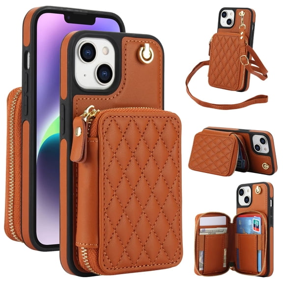 Crossbody Wallet Case for iPhone 14, RFID Blocking Zipper Handbag Purse Flip Cover, Kickstand Folio Case Card Slots Holder Wrist Strap Lanyard