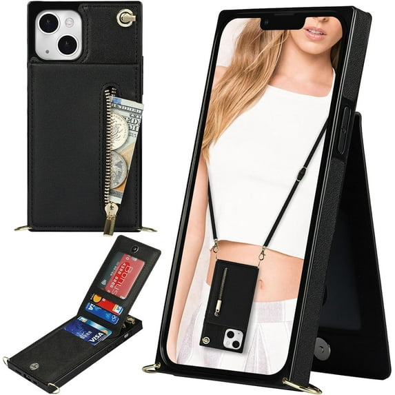 Crossbody Wallet Case for iPhone 15, PU Leather Zipper Handbag Purse Flip Cover with Kickstand Case for iPhone 15 ZP Black