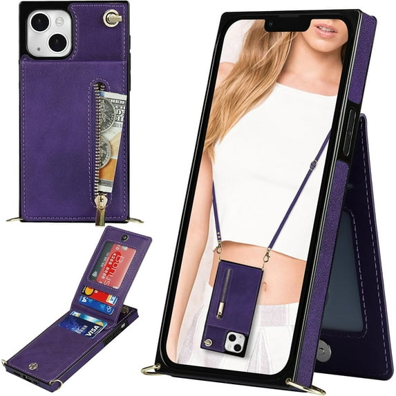 Crossbody Wallet Case for iPhone 15 Plus, PU Leather Zipper Handbag Purse Flip Cover with Kickstand Case for iPhone 15 Plus ZP Purple