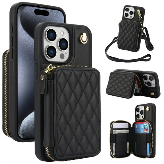 Crossbody Wallet Case for iPhone 15 Pro, RFID Blocking Zipper Handbag Purse Flip Cover, Kickstand Folio Case Card Slots Holder Wrist Strap Lanyard
