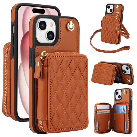 Crossbody Wallet Case for iPhone 15, RFID Blocking Zipper Handbag Purse Flip Cover, Kickstand Folio Case Card Slots Holder Wrist Strap Lanyard