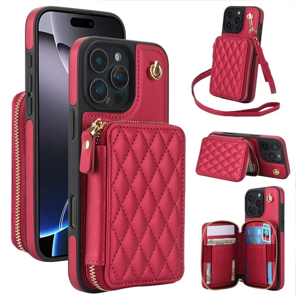 Crossbody Wallet Case for iPhone 16 Pro, RFID Blocking Zipper Handbag Purse Flip Cover, Kickstand Folio Case Card Slots Holder Wrist Strap Lanyard