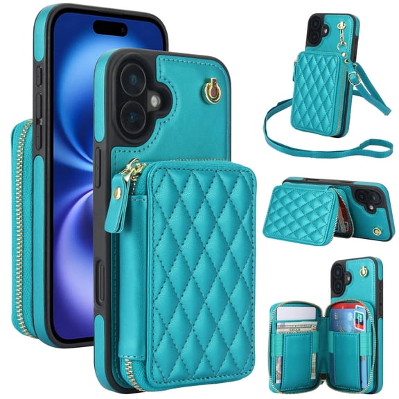 Crossbody Wallet Case for iPhone 16, RFID Blocking Zipper Handbag Purse Flip Cover, Kickstand Folio Case Card Slots Holder Wrist Strap Lanyard