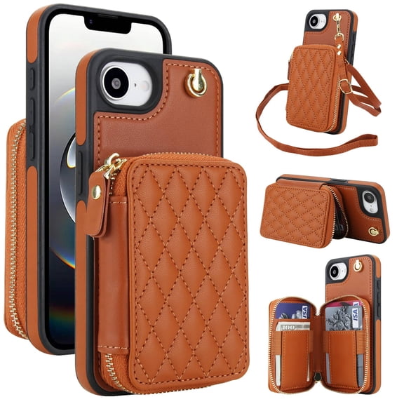 Crossbody Wallet Case for iPhone 16e, RFID Blocking Zipper Handbag Purse Flip Cover, Kickstand Folio Case Card Slots Holder Wrist Strap Lanyard