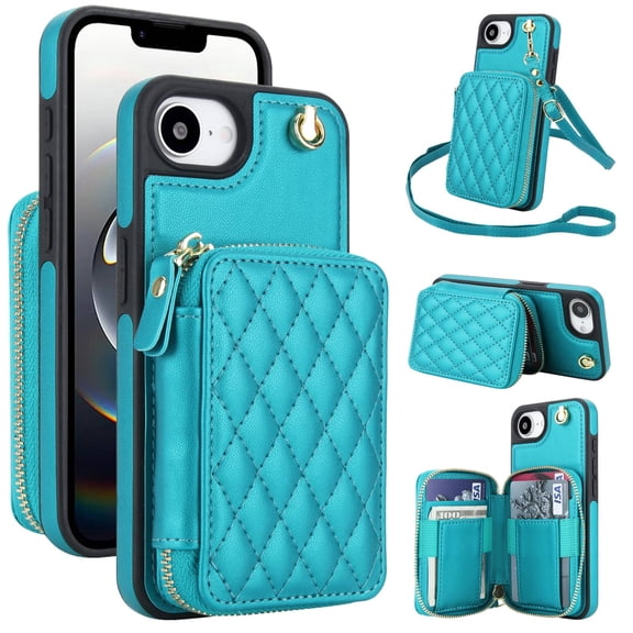 Crossbody Wallet Case for iPhone 16e, RFID Blocking Zipper Handbag Purse Flip Cover, Kickstand Folio Case Card Slots Holder Wrist Strap Lanyard