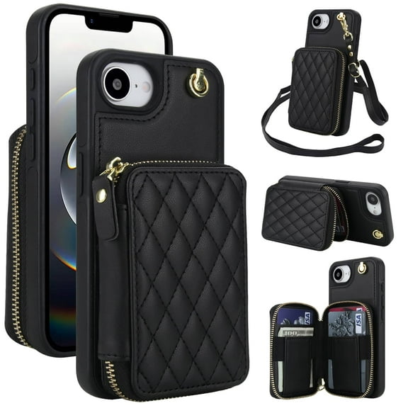 Crossbody Wallet Case for iPhone 16e, RFID Blocking Zipper Handbag Purse Flip Cover, Kickstand Folio Case Card Slots Holder Wrist Strap Lanyard