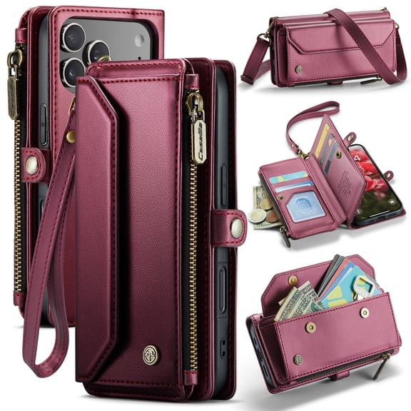 Crossbody Wallet Case for iPhone 18 Pro, RFID Blocking PU Leather Cover with 7 Card Slots & Zipper Pocket, Detachable Shoulder Wrist Strap for Women