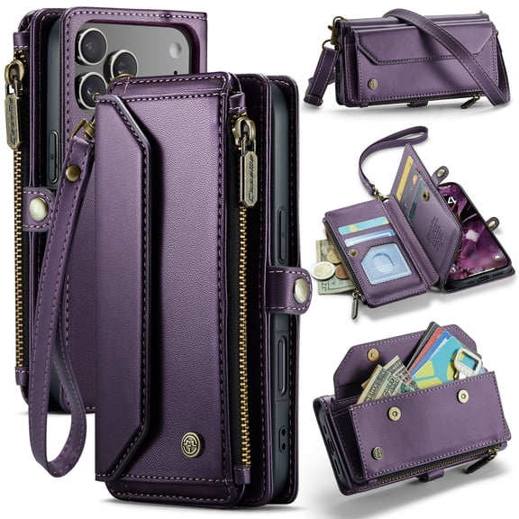 Crossbody Wallet Case for iPhone 18 Pro, RFID Blocking PU Leather Cover with 7 Card Slots & Zipper Pocket, Detachable Shoulder Wrist Strap for Women