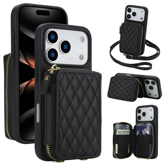 Crossbody Wallet Case for iPhone 17 Pro, RFID Blocking Zipper Handbag Purse Flip Cover, Kickstand Folio Case Card Slots Holder Wrist Strap Lanyard