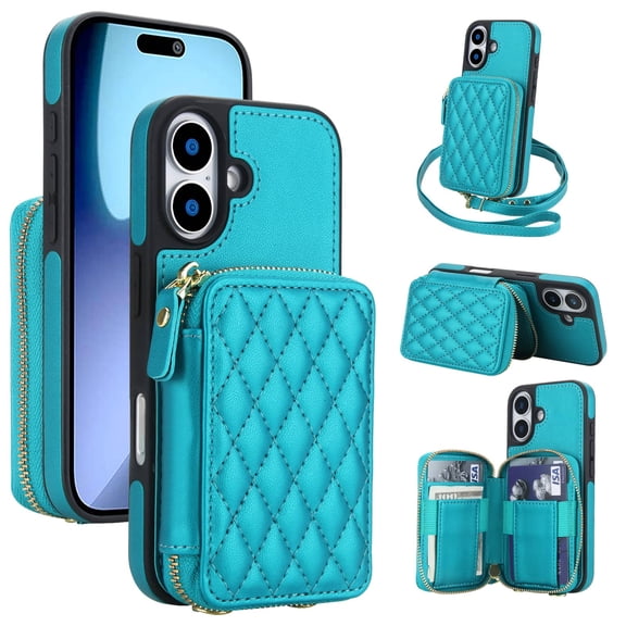 Crossbody Wallet Case for iPhone 17, RFID Blocking Zipper Handbag Purse Flip Cover, Kickstand Folio Case Card Slots Holder Wrist Strap Lanyard