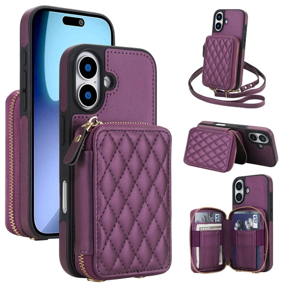 Crossbody Wallet Case for iPhone 17, RFID Blocking Zipper Handbag Purse Flip Cover, Kickstand Folio Case Card Slots Holder Wrist Strap Lanyard
