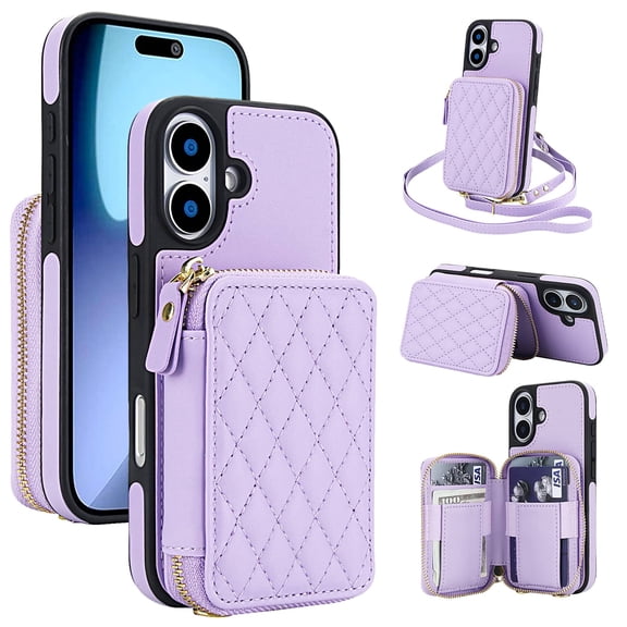 Crossbody Wallet Case for iPhone 17, RFID Blocking Zipper Handbag Purse Flip Cover, Kickstand Folio Case Card Slots Holder Wrist Strap Lanyard