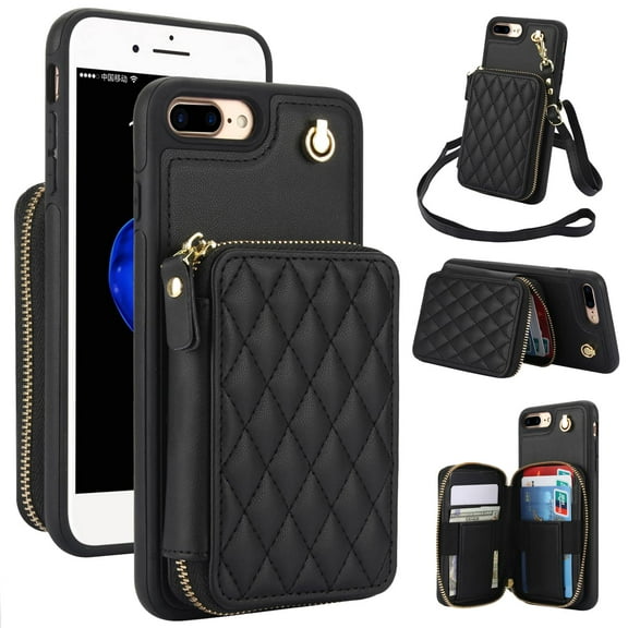 Crossbody Wallet Case for iPhone 7 8 Plus, RFID Blocking Zipper Handbag Purse Flip Cover, Kickstand Folio Case Card Slots Holder Wrist Strap Lanyard