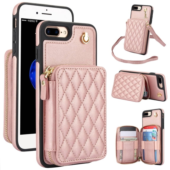 Crossbody Wallet Case for iPhone 7 8 Plus, RFID Blocking Zipper Handbag Purse Flip Cover, Kickstand Folio Case Card Slots Holder Wrist Strap Lanyard