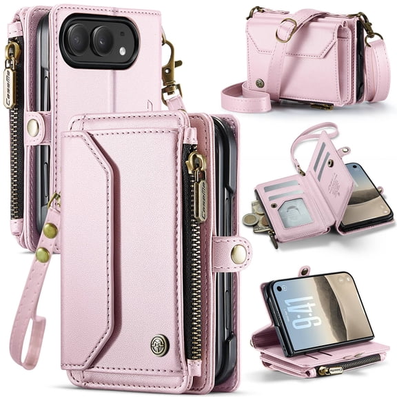 Crossbody Wallet Case for iPhone Duo, RFID Blocking PU Leather Cover with 6 Card Slots & Zipper Pocket, Detachable Shoulder Wrist Strap for Women