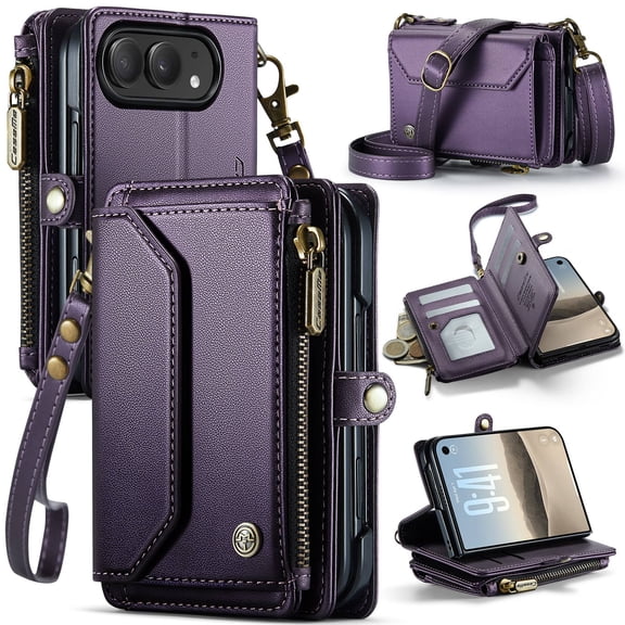 Crossbody Wallet Case for iPhone Duo, RFID Blocking PU Leather Cover with 6 Card Slots & Zipper Pocket, Detachable Shoulder Wrist Strap for Women