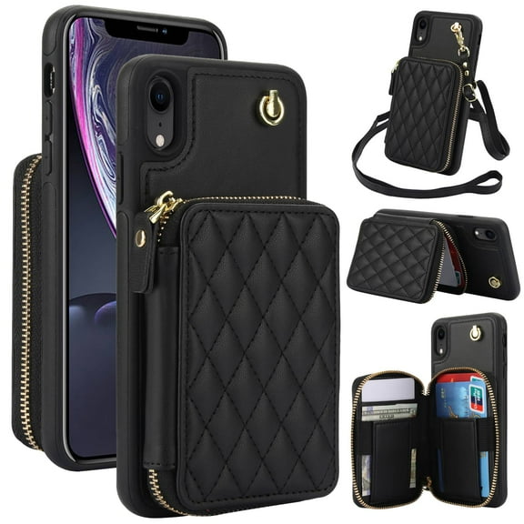 Crossbody Wallet Case for iPhone XR, RFID Blocking Zipper Handbag Purse Flip Cover, Kickstand Folio Case Card Slots Holder Wrist Strap Lanyard