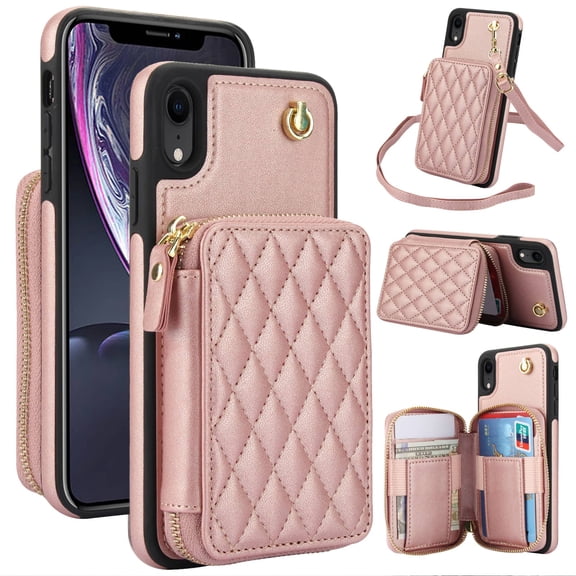 Crossbody Wallet Case for iPhone XR, RFID Blocking Zipper Handbag Purse Flip Cover, Kickstand Folio Case Card Slots Holder Wrist Strap Lanyard