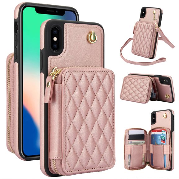 Crossbody Wallet Case for iPhone XS Max, RFID Blocking Zipper Handbag Purse Flip Cover, Kickstand Folio Case Card Slots Holder Wrist Strap Lanyard