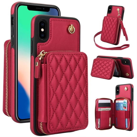 Crossbody Wallet Case for iPhone XS Max, RFID Blocking Zipper Handbag Purse Flip Cover, Kickstand Folio Case Card Slots Holder Wrist Strap Lanyard