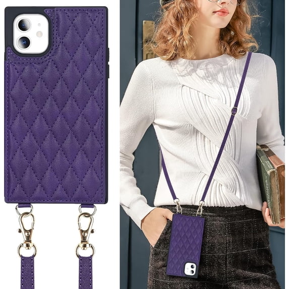 Crossbody Wallet Case for iPhone 11 with Card Slot Holder,Magnetic Flip Folio Purse,PU Leather with Detachable Lanyard Strap Lattice Pattern Travel Case 6.1 Inch (Purple)