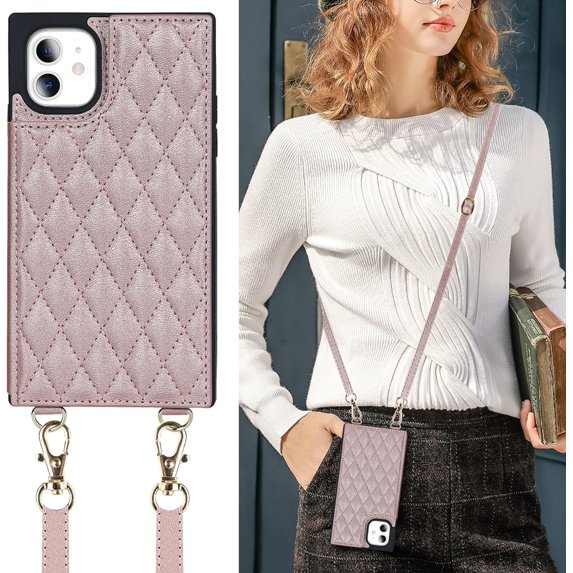 Crossbody Wallet Case for iPhone 11 with Card Slot Holder,Magnetic Flip Folio Purse,PU Leather with Detachable Lanyard Strap Lattice Pattern Travel Case 6.1" (Rosegold)