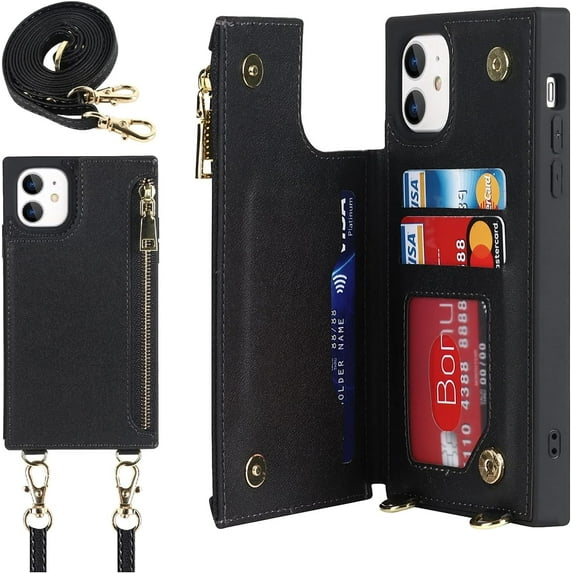 Crossbody Wallet Case for iPhone 11 with Card Slot Holder,iPhone 11 Magnetic Flip Folio Purse Case, PU Leather Zipper Handbag with Detachable Lanyard Strap 6.1 Inch (Black)