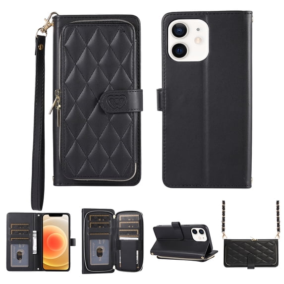 Crossbody Wallet Case for iPhone 11 Chain Lanyard & Wrist Hand Strap Case with Card Slots Zipper Pocket Kickstand, Premium PU Leather Magnetic Clasp Shockproof Flip Cover, Black