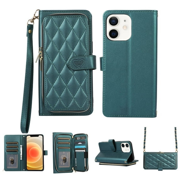 Crossbody Wallet Case for iPhone 11 Chain Lanyard & Wrist Hand Strap Case with Card Slots Zipper Pocket Kickstand, Premium PU Leather Magnetic Clasp Shockproof Flip Cover, Darkgreen